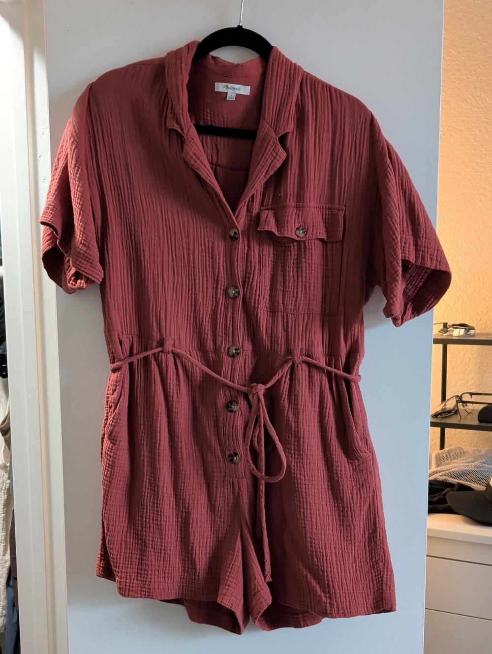 Madewell Crinkle Button-Front Short-Sleeve Romper in Brunt Orange